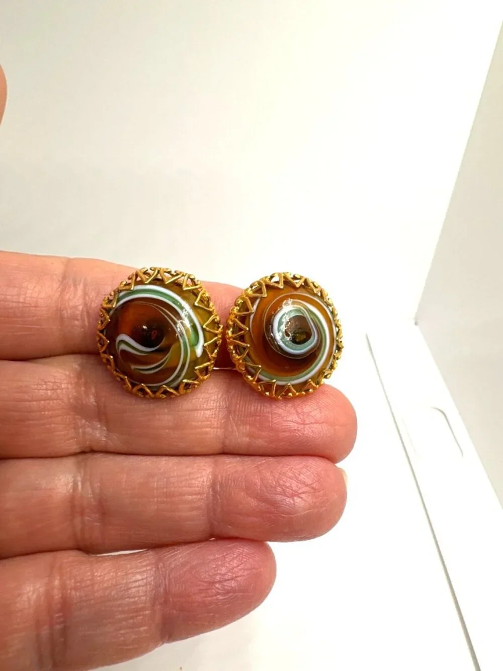 Vintage Miriam Haskell Art Glass Clip-On Earrings Gold Tone Filigree Collectible